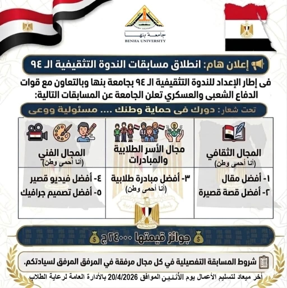 جامعة بنها تعلن إطلاق مسابقات طلابية لتعزيز الوعي الوطني والمسؤولية المجتمعية